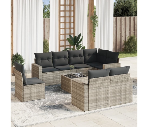 Set muebles jardín 9 pzas y cojines ratán sintético gris claro