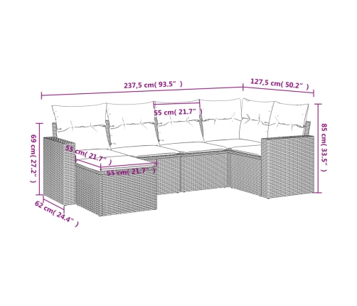 Set sofás de jardín 6 piezas y cojines ratán sintético marrón