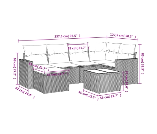 Set de comedor de jardín 7 pzas y cojines ratán sintético negro