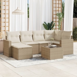 Set sofás de jardín 7 piezas y cojines ratán sintético beige