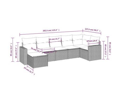 Set de comedor de jardín 7 pzas y cojines ratán sintético negro