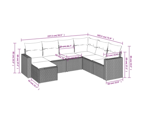 Set de comedor de jardín 7 pzas y cojines ratán sintético negro