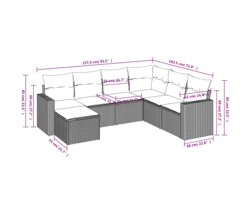 Set de comedor de jardín 7 pzas y cojines ratán sintético negro