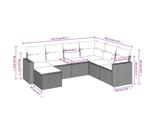 Set de sofás de jardín 7 piezas con cojines ratán PE gris