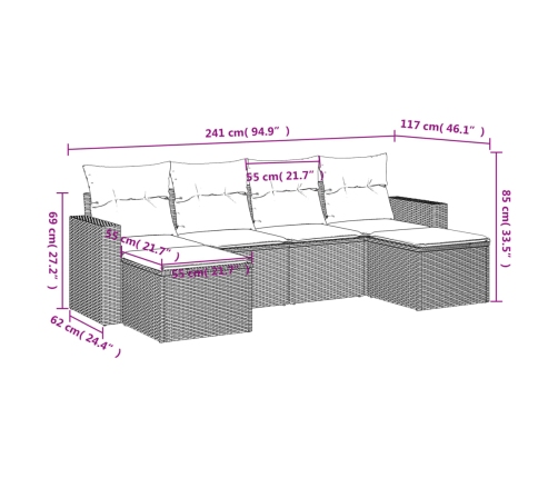Set sofás de jardín 6 piezas y cojines ratán sintético marrón