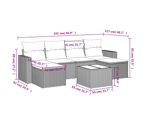 Set de comedor de jardín 7 pzas y cojines ratán sintético negro