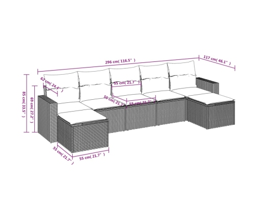 Set de comedor de jardín 7 pzas y cojines ratán sintético negro