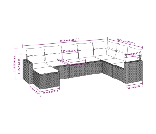 Set de sofás de jardín 8 piezas y cojines ratán sintético negro