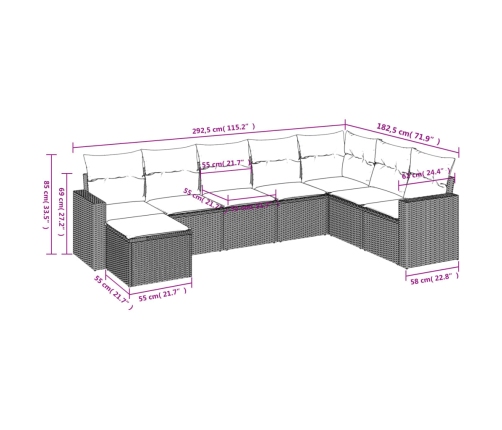 Set de sofás de jardín 8 pzas y cojines ratán sintético gris