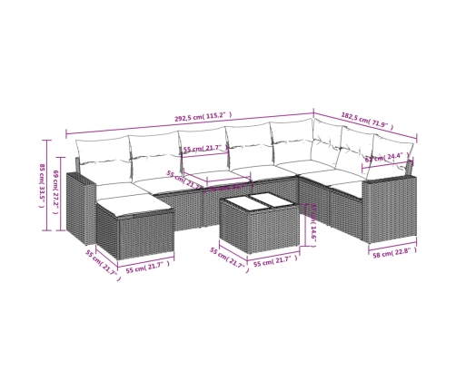 Set de sofás de jardín 9 pzas con cojines ratán sintético beige