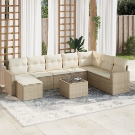 Set de sofás de jardín 9 pzas con cojines ratán sintético beige