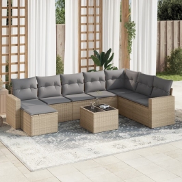 Set de sofás de jardín 9 pzas con cojines ratán sintético beige