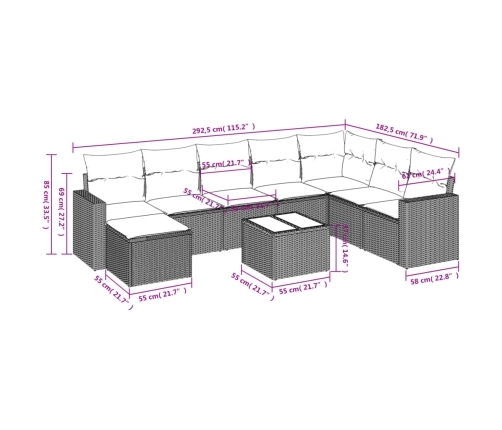 Set de muebles de jardín 9 pzas y cojines ratán sintético gris