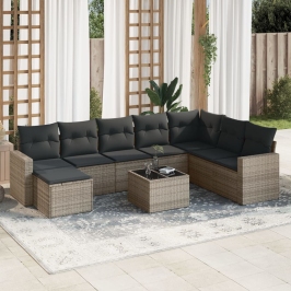 Set de muebles de jardín 9 pzas y cojines ratán sintético gris