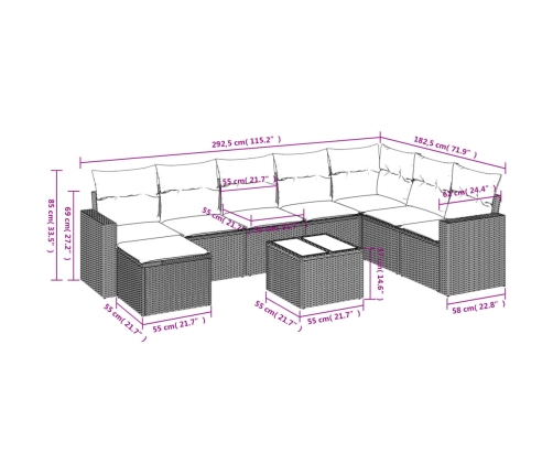 Set muebles jardín 9 pzas y cojines ratán sintético gris claro