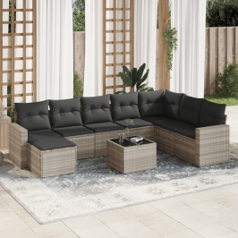 Set muebles jardín 9 pzas y cojines ratán sintético gris claro