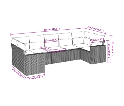 Set de comedor de jardín 7 pzas y cojines ratán sintético negro