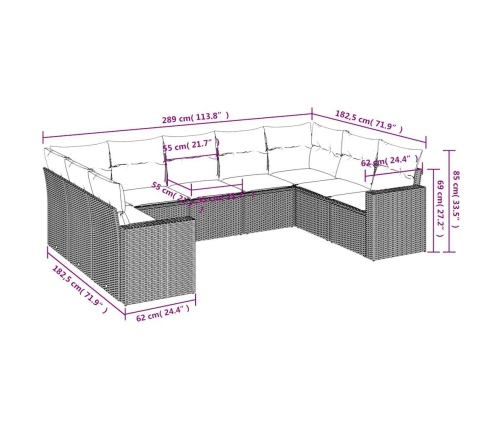 Set de sofás de jardín 9 pzas con cojines ratán sintético beige