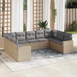 Set de sofás de jardín 9 pzas con cojines ratán sintético beige