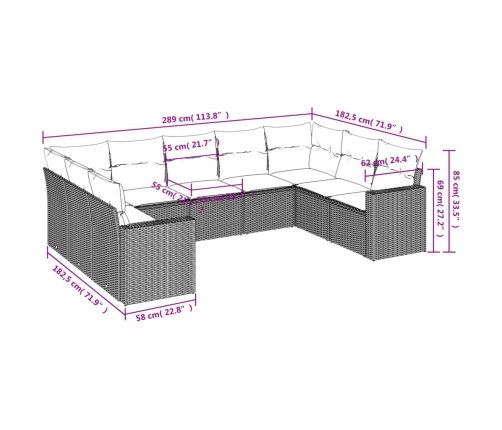 Set de muebles de jardín 9 pzas y cojines ratán sintético gris