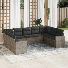 Set de muebles de jardín 9 pzas y cojines ratán sintético gris