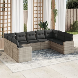 Set muebles jardín 9 pzas y cojines ratán sintético gris claro