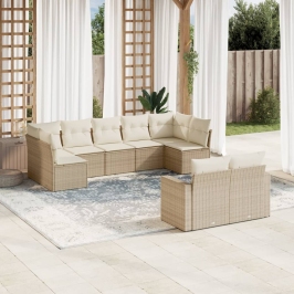 Set de sofás de jardín 9 pzas con cojines ratán sintético beige