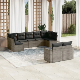 Set de muebles de jardín 9 pzas y cojines ratán sintético gris