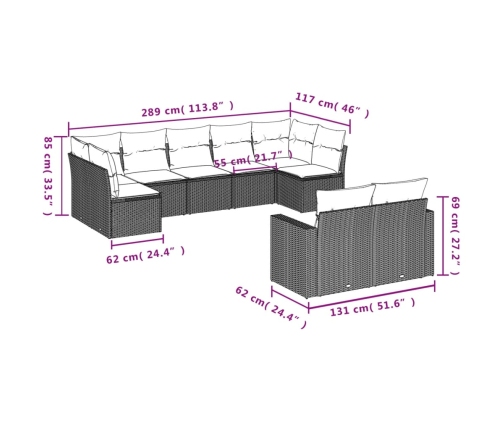 Set muebles jardín 9 pzas y cojines ratán sintético gris claro