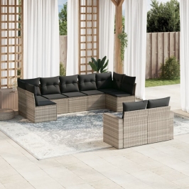 Set muebles jardín 9 pzas y cojines ratán sintético gris claro