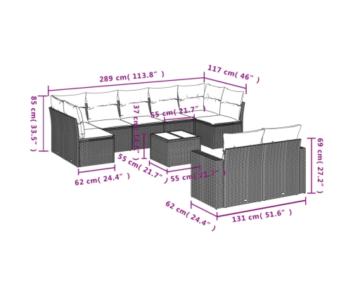 Set de sofás de jardín 10 pzas cojines ratán sintético negro