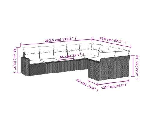 Set de sofás de jardín 9 pzas con cojines ratán sintético beige