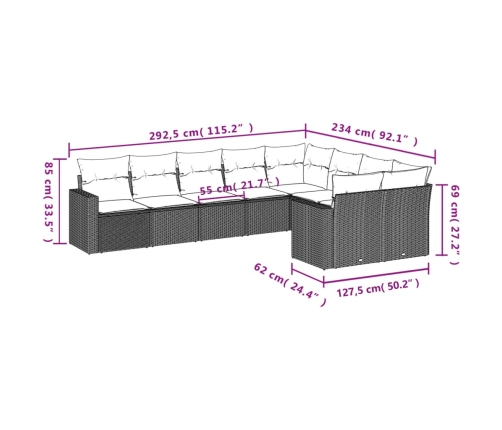 Set de muebles de jardín 9 pzas y cojines ratán sintético gris