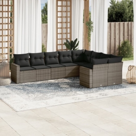 Set de muebles de jardín 9 pzas y cojines ratán sintético gris