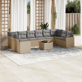 Set de sofás de jardín 11pzas con cojines ratán sintético beige