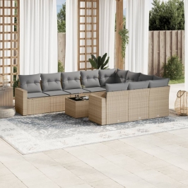 Set de sofás de jardín 11pzas con cojines ratán sintético beige