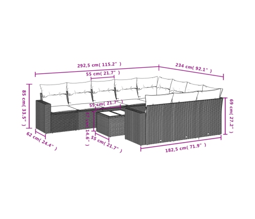 Set de sofás de jardín 11 pzas cojines ratán sintético marrón