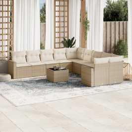 Set de sofás de jardín 11pzas con cojines ratán sintético beige