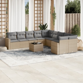 Set de sofás de jardín 11pzas con cojines ratán sintético beige