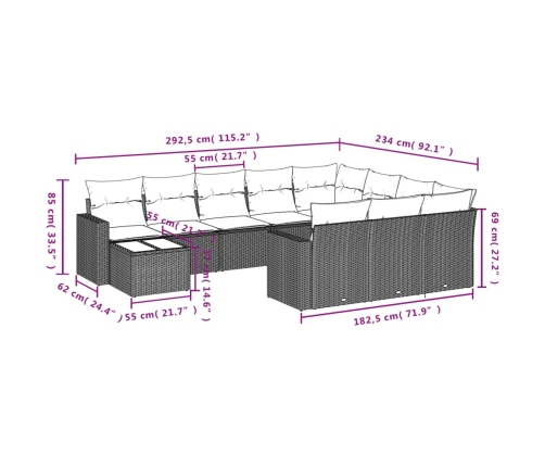 Set de sofás de jardín 11 pzas y cojines ratán sintético gris