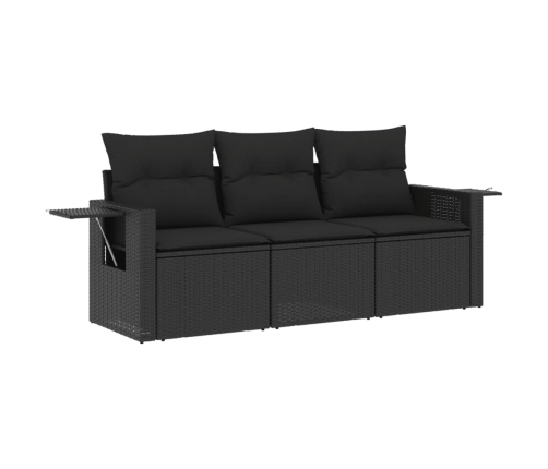 Set de sofás de jardín con cojines 3 pzas ratán sintético negro