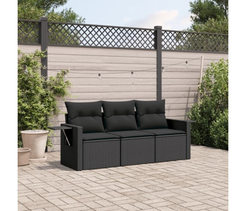 Set de sofás de jardín con cojines 3 pzas ratán sintético negro