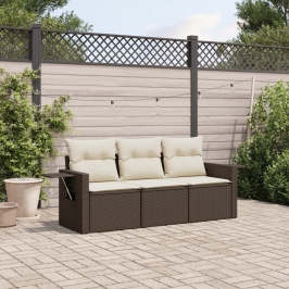 Set sofás de jardín 3 piezas y cojines ratán sintético marrón