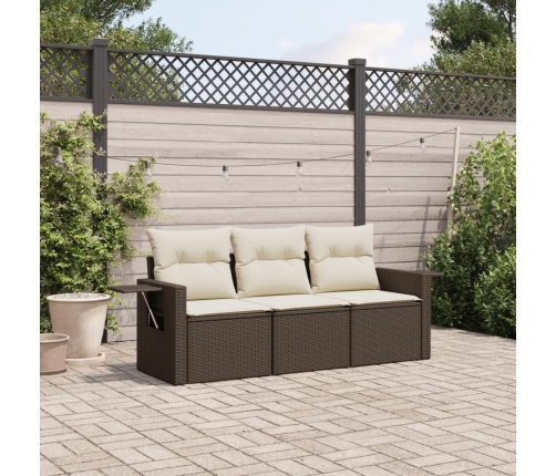 Set sofás de jardín 3 piezas y cojines ratán sintético marrón