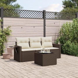 Set de sofás de jardín 4 pzas y cojines ratán sintético marrón