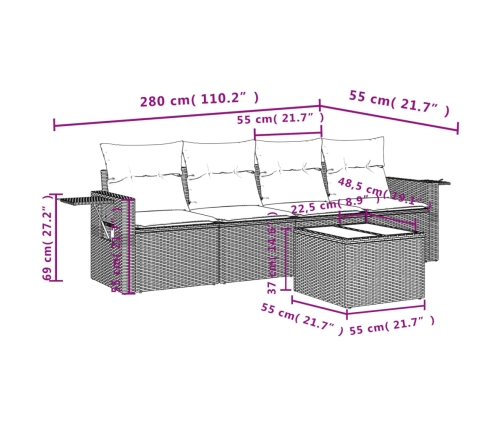 Set de muebles de jardín 5 pzas y cojines ratán sintético negro