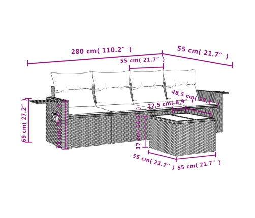 Set de muebles de jardín 5 pzas y cojines ratán sintético negro