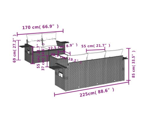 Set de muebles de jardín 6 pzas y cojines ratán sintético gris