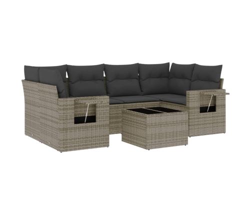 Set de sofás de jardín 7 piezas con cojines ratán PE gris