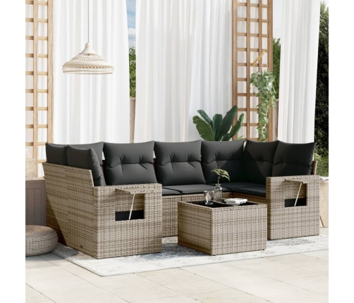 Set de sofás de jardín 7 piezas con cojines ratán PE gris